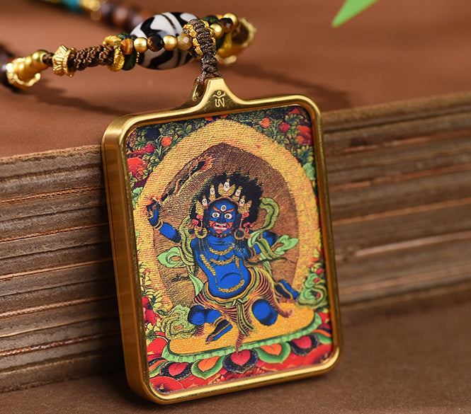 Tibetan Yellow Jambhala Pendant Necklace -Zakiram Thangka Art Charms