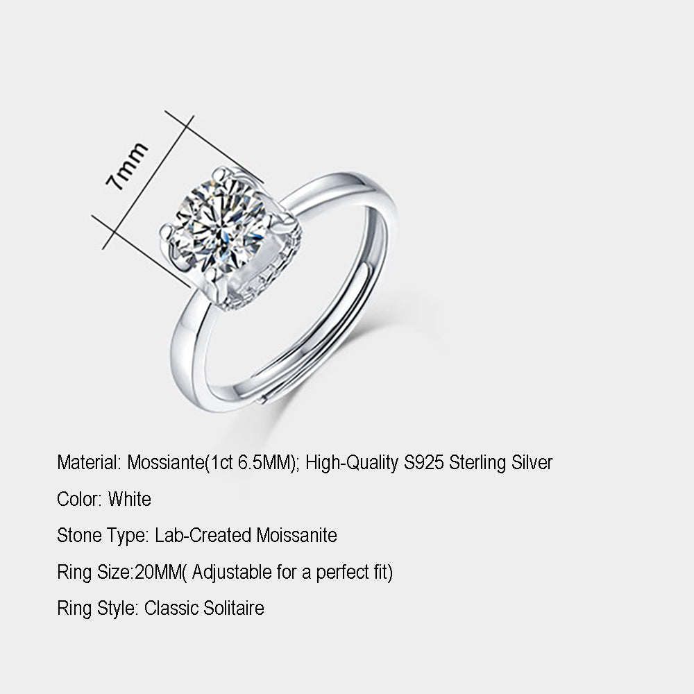 Women's Classic 1ct 6.5MM Moissanite Engagement Ring in S925 Silver