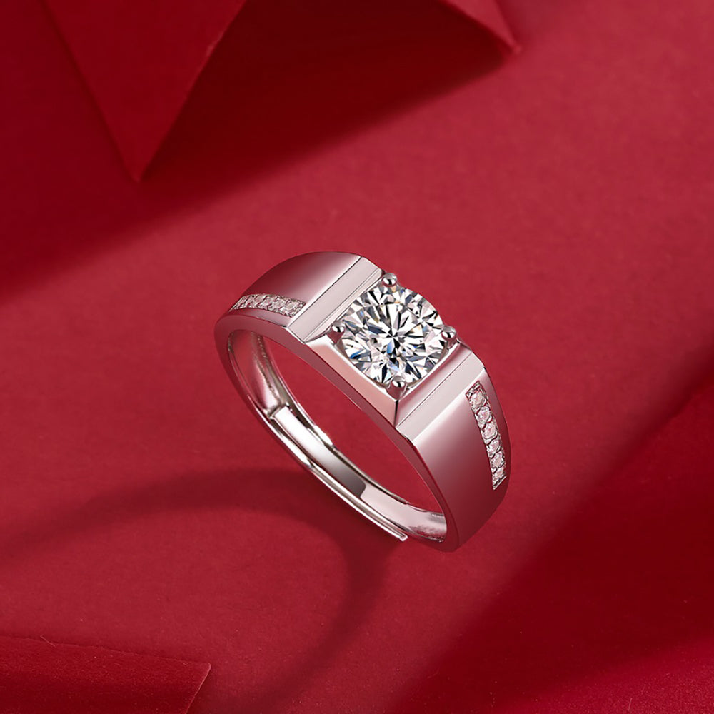 Mens Sterling silver 1ct 6.5MM moissanite engagement ring with radiant beauty