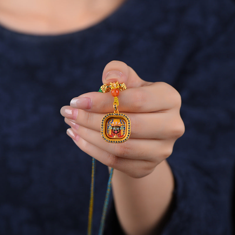 Tibetan Thangka Pendant Necklace  - Hand-Painted Zakiram & Dragon Wu Ye