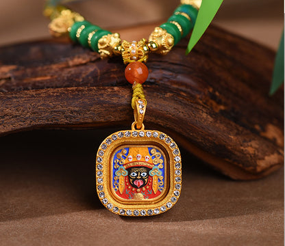 Tibetan Thangka Pendant Necklace  - Hand-Painted Zakiram & Dragon Wu Ye