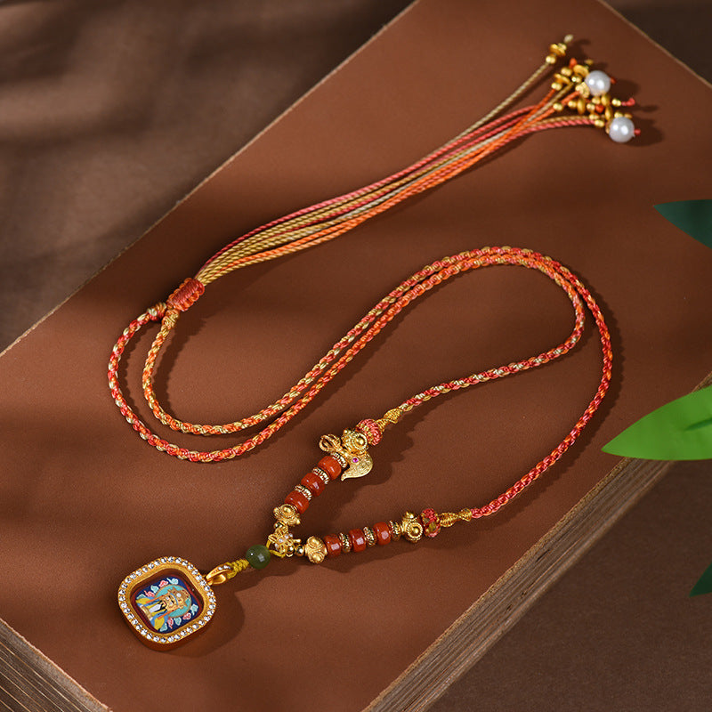 Tibetan Thangka Pendant Necklace  - Hand-Painted Zakiram & Dragon Wu Ye