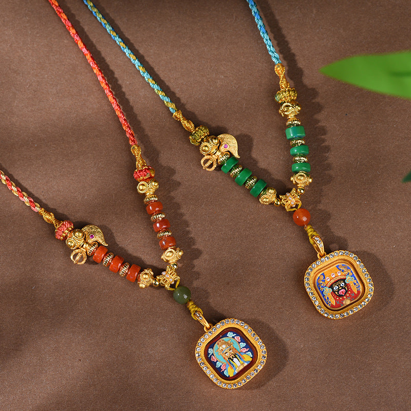 Tibetan Thangka Pendant Necklace  - Hand-Painted Zakiram & Dragon Wu Ye