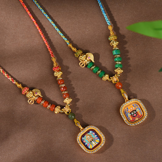 Tibetan Thangka Pendant Necklace  - Hand-Painted Zakiram & Dragon Wu Ye