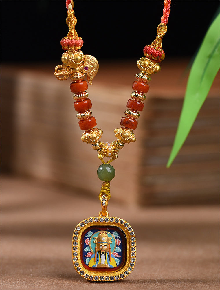 Tibetan Thangka Pendant Necklace  - Hand-Painted Zakiram & Dragon Wu Ye