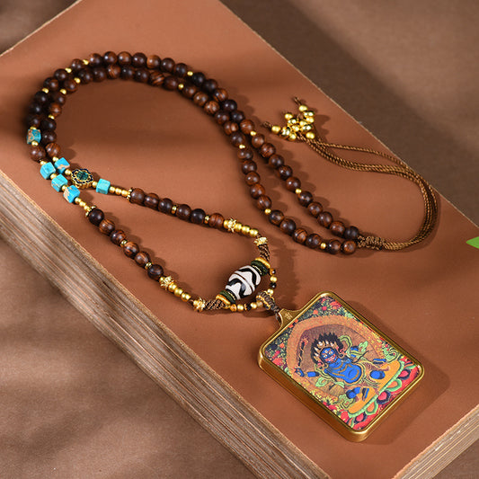 Tibetan Yellow Jambhala Pendant Necklace -Zakiram Thangka Art Charms