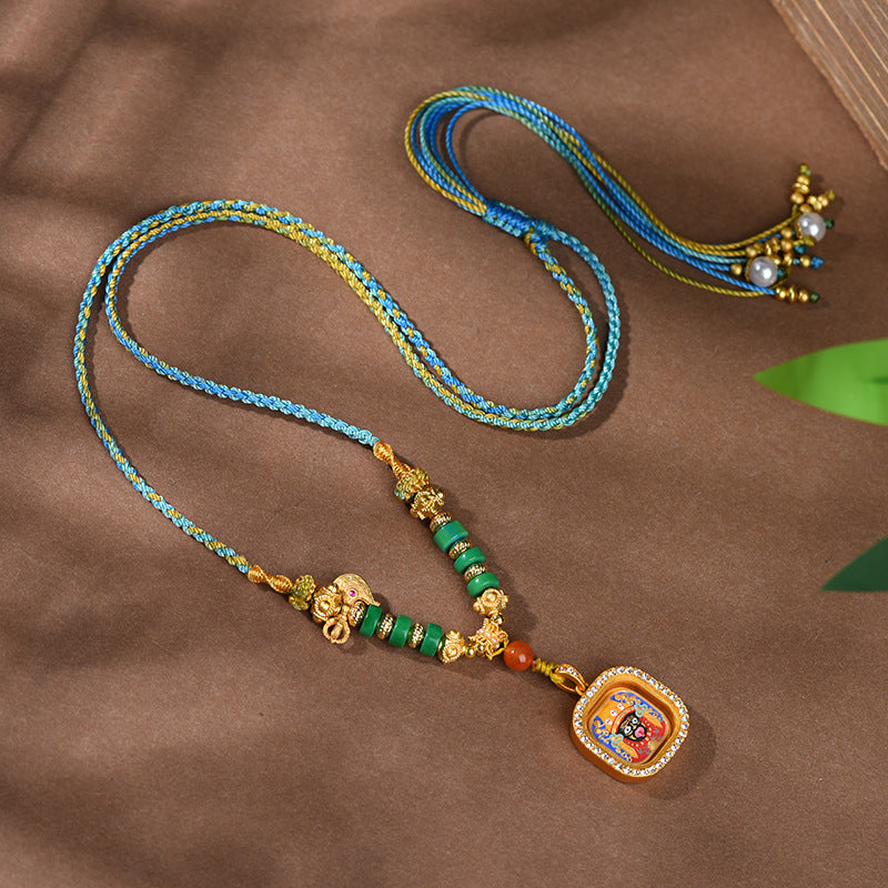 Tibetan Thangka Pendant Necklace  - Hand-Painted Zakiram & Dragon Wu Ye