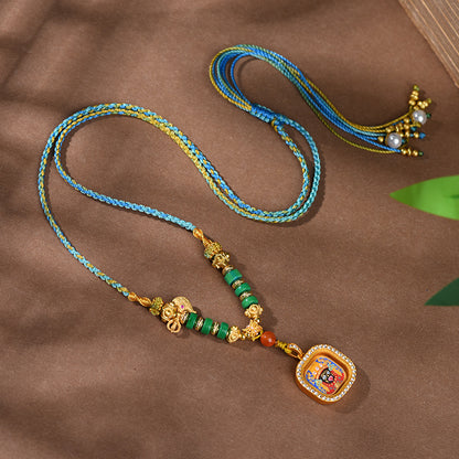 Tibetan Thangka Pendant Necklace  - Hand-Painted Zakiram & Dragon Wu Ye