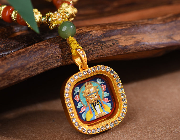 Tibetan Thangka Pendant Necklace  - Hand-Painted Zakiram & Dragon Wu Ye