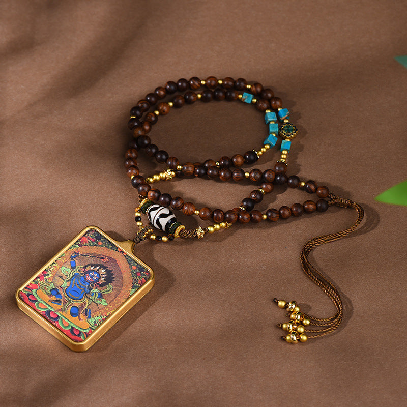 Tibetan Yellow Jambhala Pendant Necklace -Zakiram Thangka Art Charms