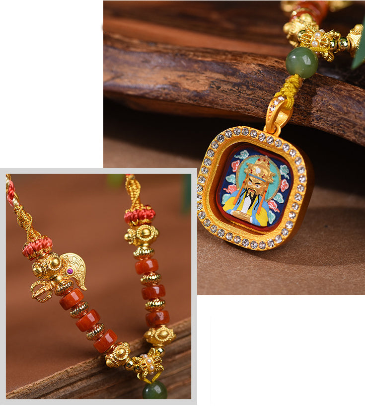 Tibetan Thangka Pendant Necklace  - Hand-Painted Zakiram & Dragon Wu Ye
