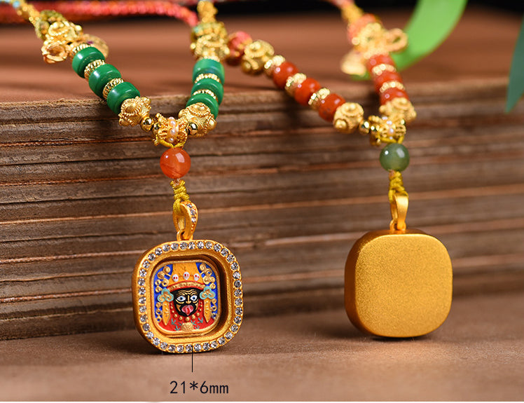 Tibetan Thangka Pendant Necklace  - Hand-Painted Zakiram & Dragon Wu Ye