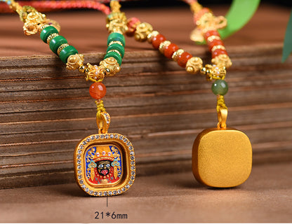 Tibetan Thangka Pendant Necklace  - Hand-Painted Zakiram & Dragon Wu Ye