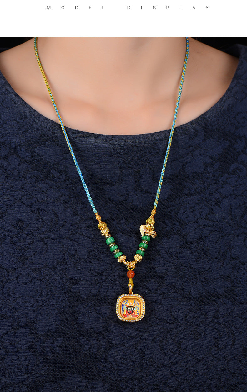 Tibetan Thangka Pendant Necklace  - Hand-Painted Zakiram & Dragon Wu Ye