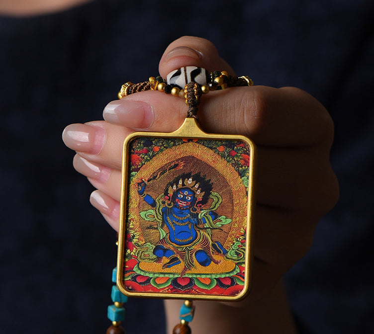 Tibetan Yellow Jambhala Pendant Necklace -Zakiram Thangka Art Charms