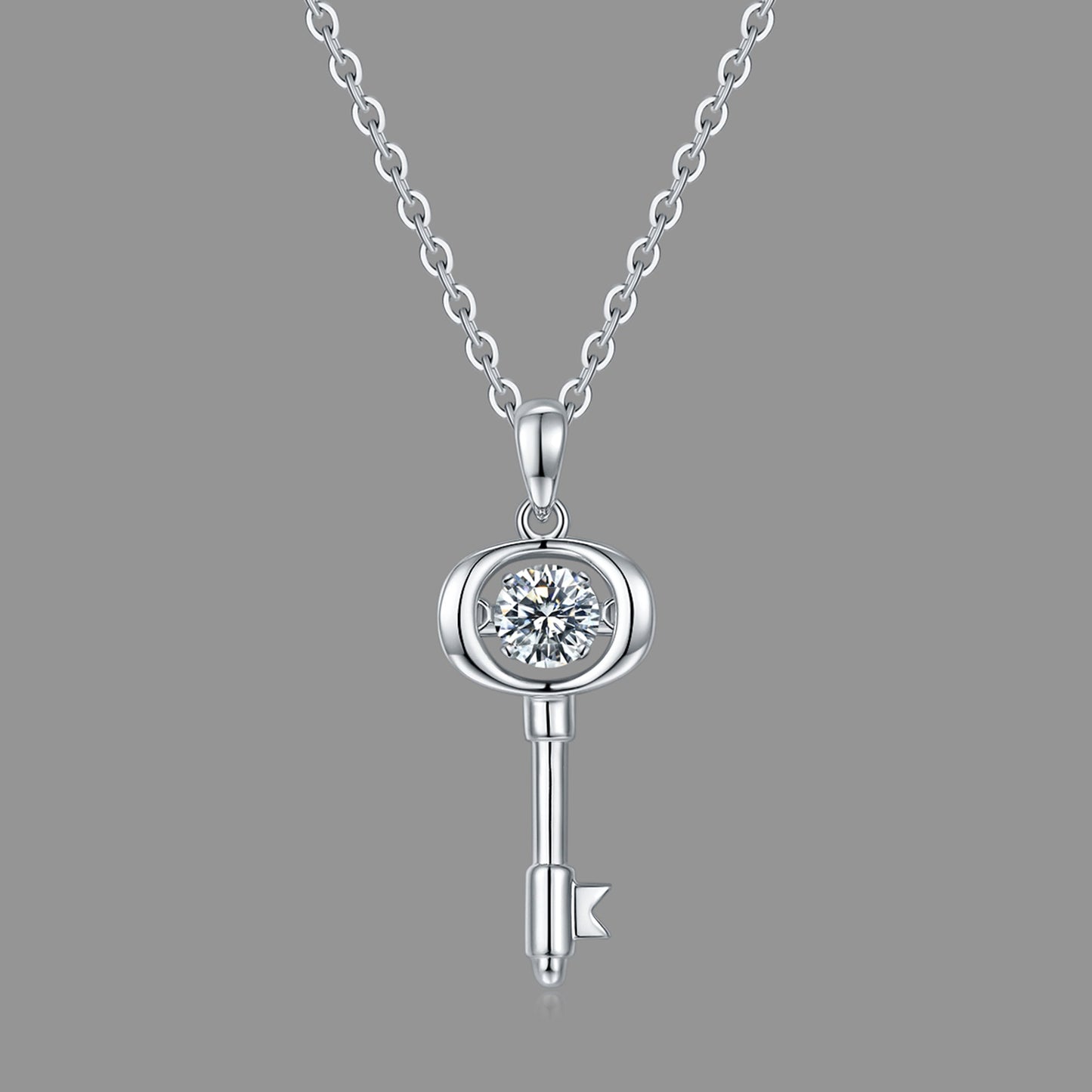 Moissanite pendant with rotating brilliance on a silver chain