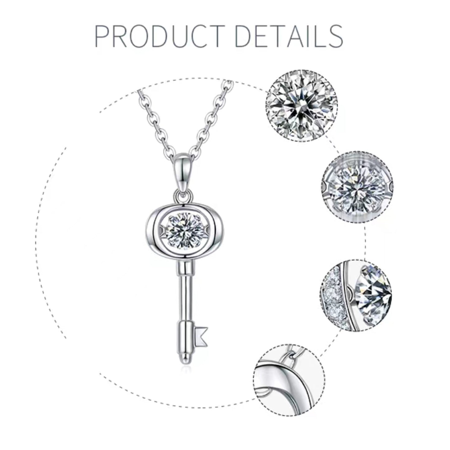 Moissanite pendant with rotating brilliance on a silver chain