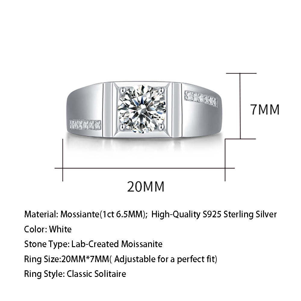 Mens Sterling silver 1ct 6.5MM moissanite engagement ring with radiant beauty