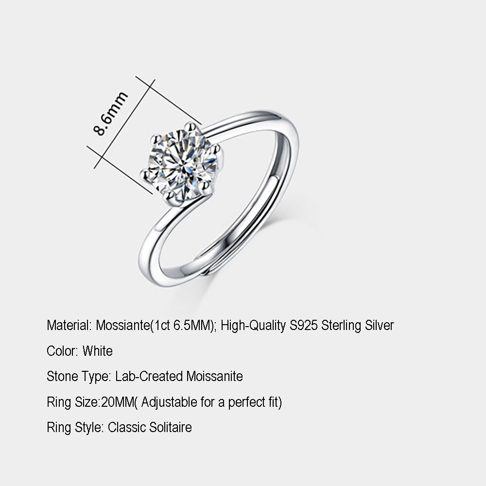 Women's Classic 1ct 6.5MM Moissanite Solitaire Ring in S925 Silver Shine