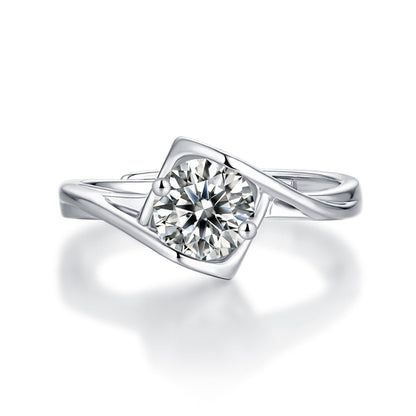 Wome's 1ct 6.5MM Moissanite ring in sterling silver with radiant simplicity