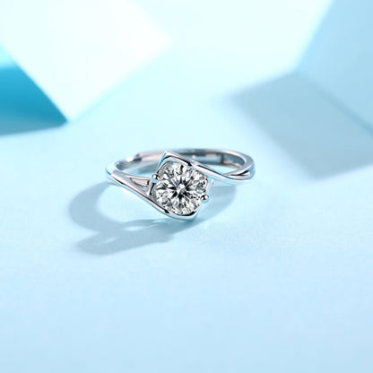 Wome's 1ct 6.5MM Moissanite ring in sterling silver with radiant simplicity