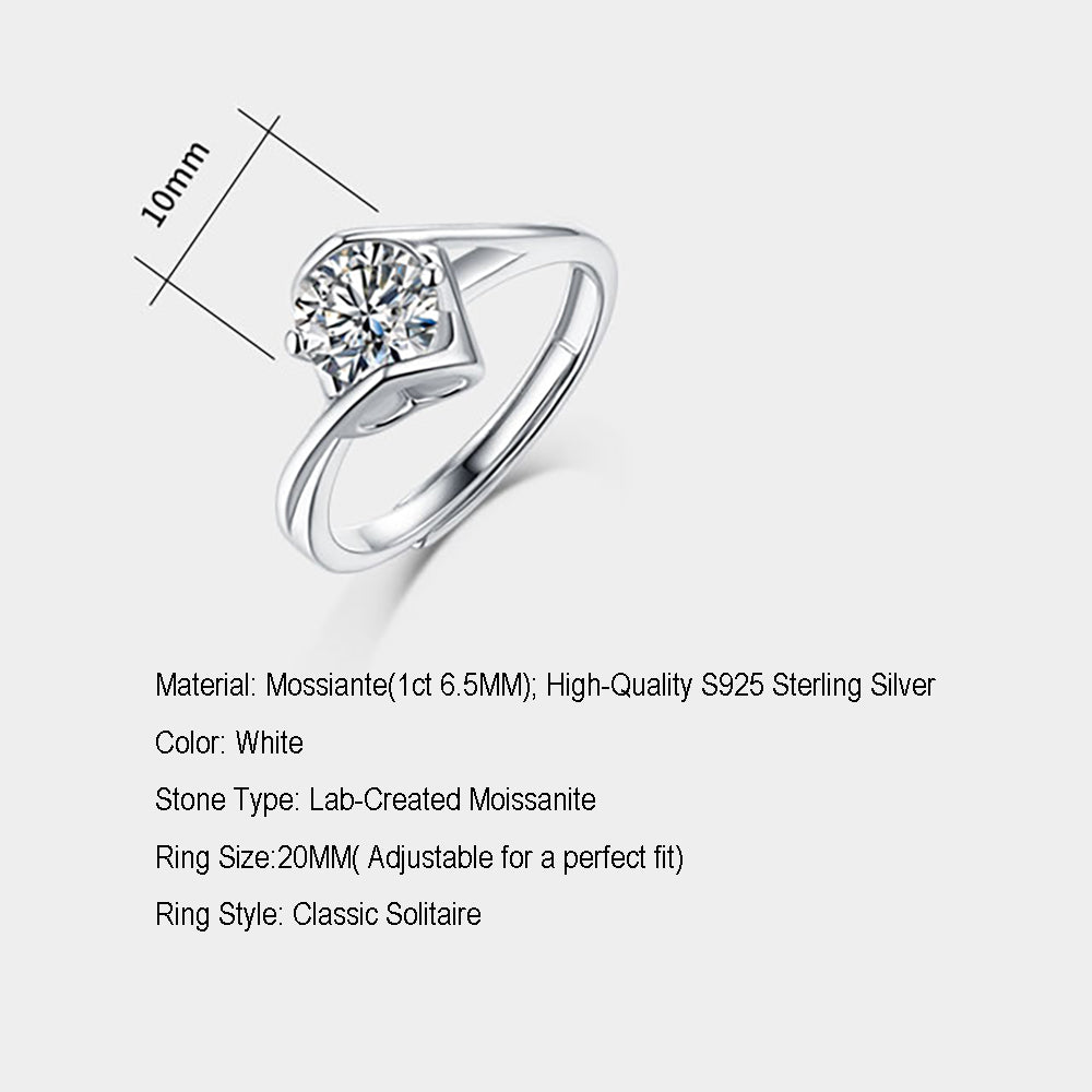 Wome's 1ct 6.5MM Moissanite ring in sterling silver with radiant simplicity