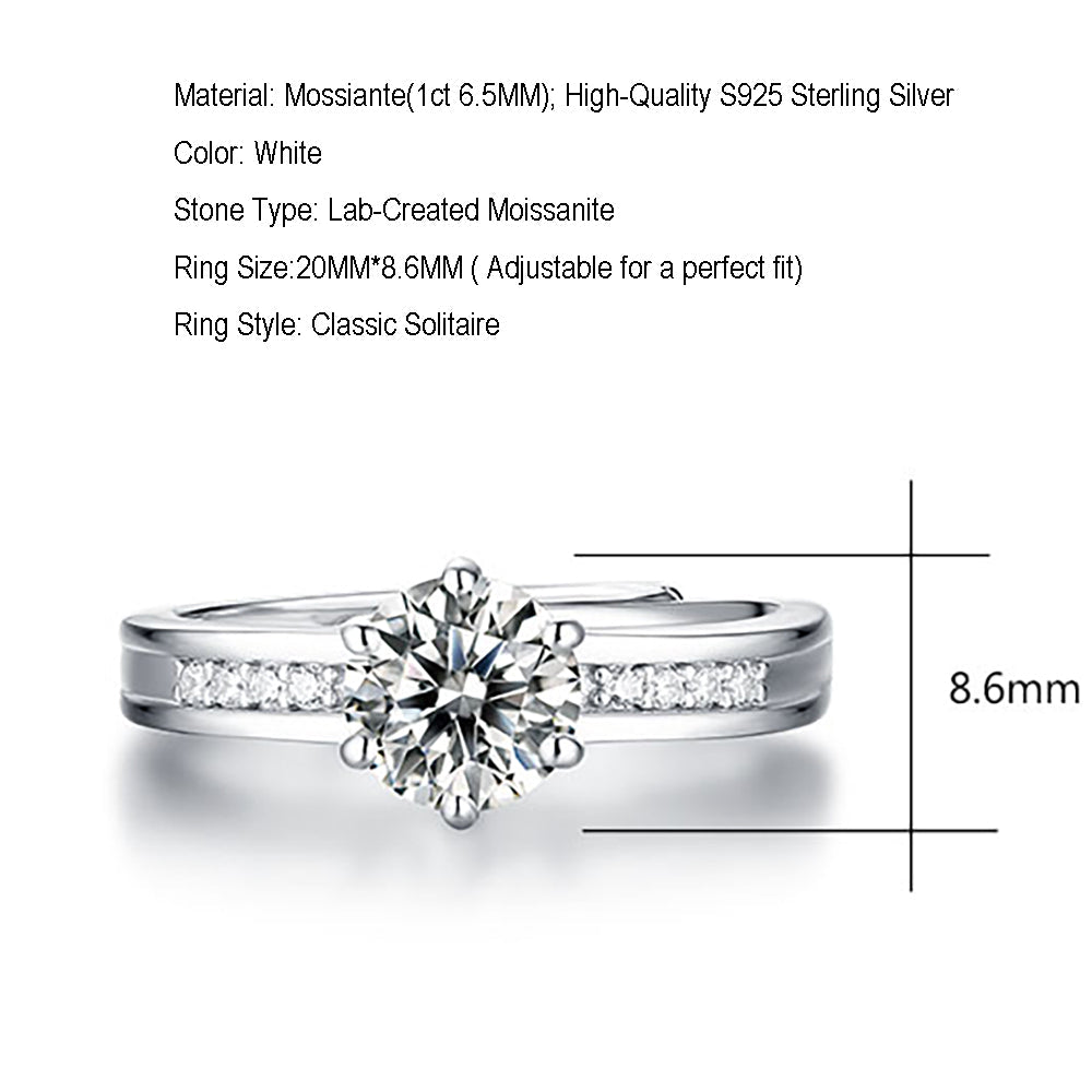 Women's 1ct 6.5MM Moissanite ring set in sterling silver with a glittering solitaire