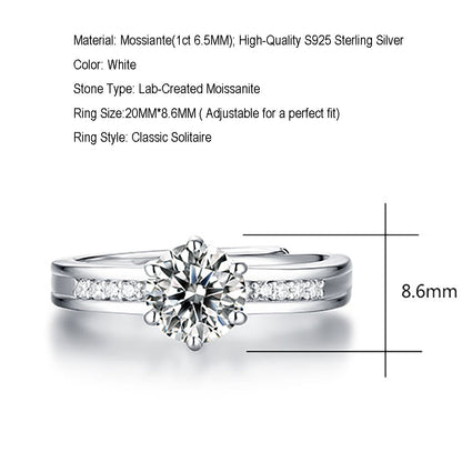 Women's 1ct 6.5MM Moissanite ring set in sterling silver with a glittering solitaire